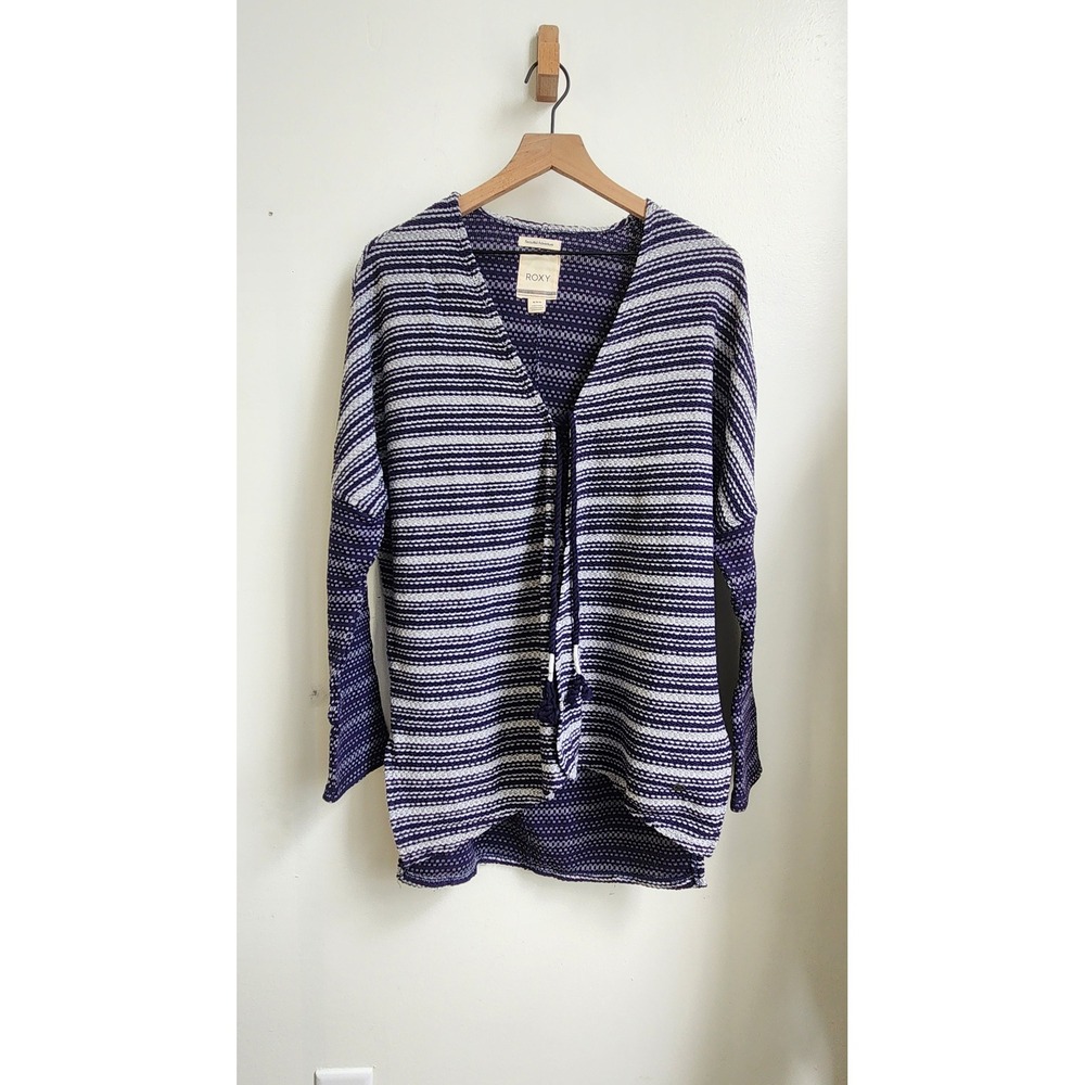 Roxy Cardigan Women Medium Blue Striped Boho Open Front Tie Beachy Boho Surfer